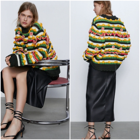 Zara chunky embellished bobble pom pom sweater, limited oversized floral knit - Picture 2 of 9